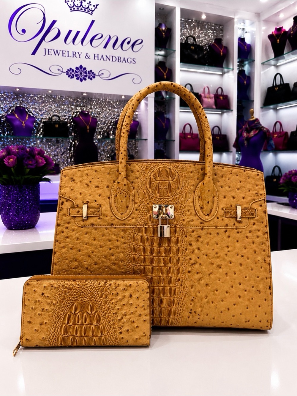 Mustard  Ostrich-Texture Tote Handbag